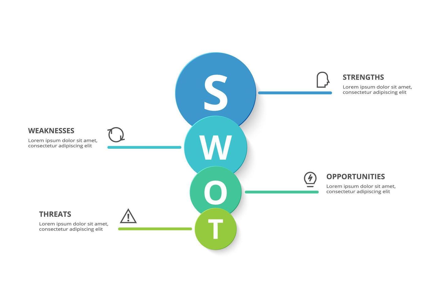 SWOT diagram with 4 steps, options, parts or processes. Threats, weaknesses, strengths, opportunities of the company. vector