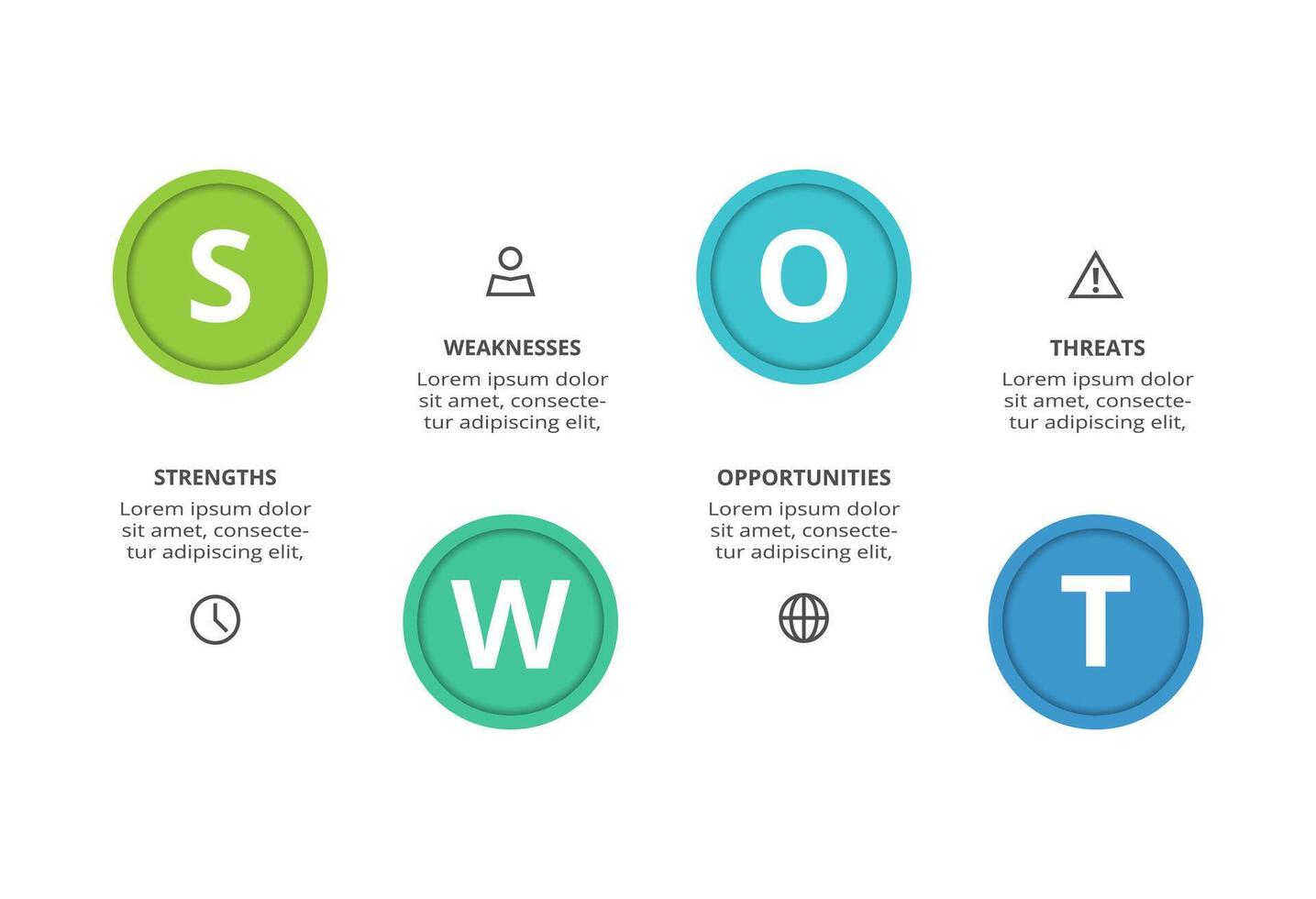 SWOT diagram with 4 steps, options, parts or processes. Threats, weaknesses, strengths, opportunities of the company. vector