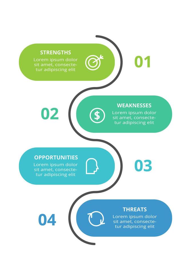 SWOT diagram with 4 steps, options, parts or processes. Threats, weaknesses, strengths, opportunities of the company. vector