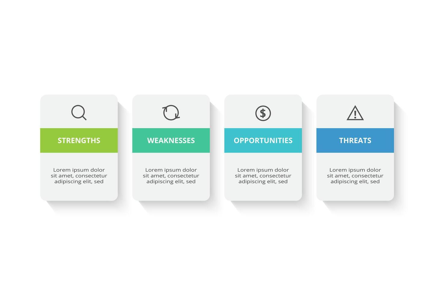 SWOT diagram with 4 steps, options, parts or processes. Threats, weaknesses, strengths, opportunities of the company. vector