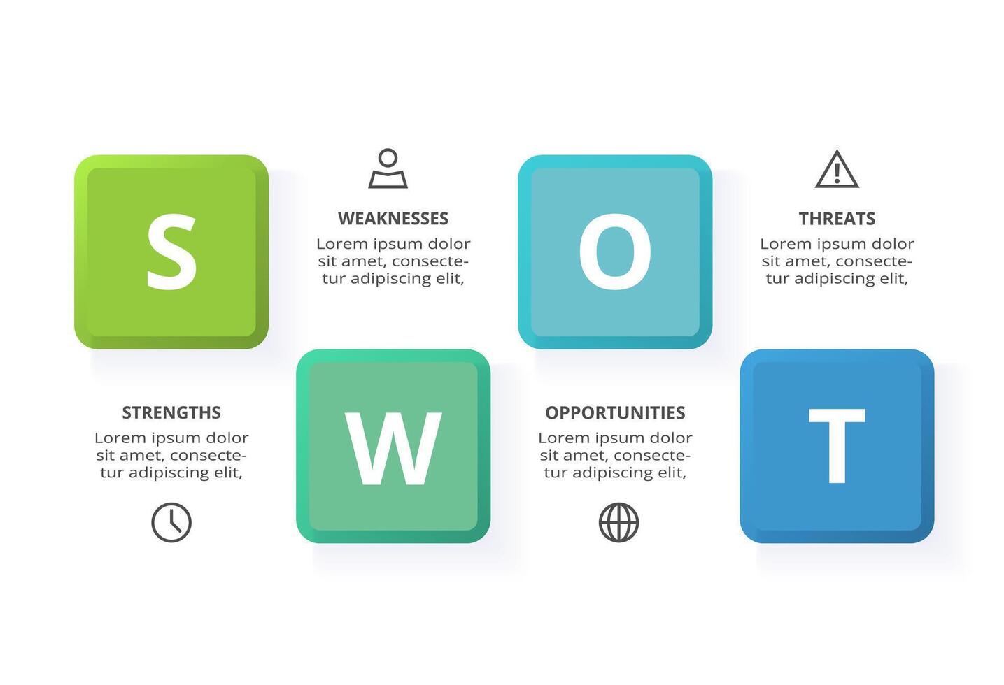 SWOT diagram with 4 steps, options, parts or processes. Threats, weaknesses, strengths, opportunities of the company. vector