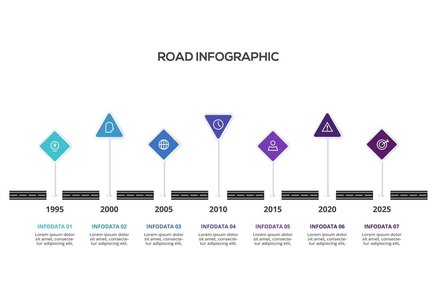 Road concept for infographic with 7 steps, options, parts or processes. Business data visualization. vector