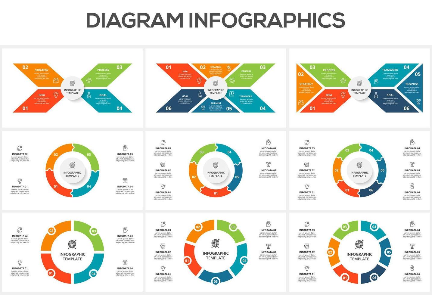 Set diagram with 4, 5, 6 steps, options, parts or processes. Business data visualization. vector