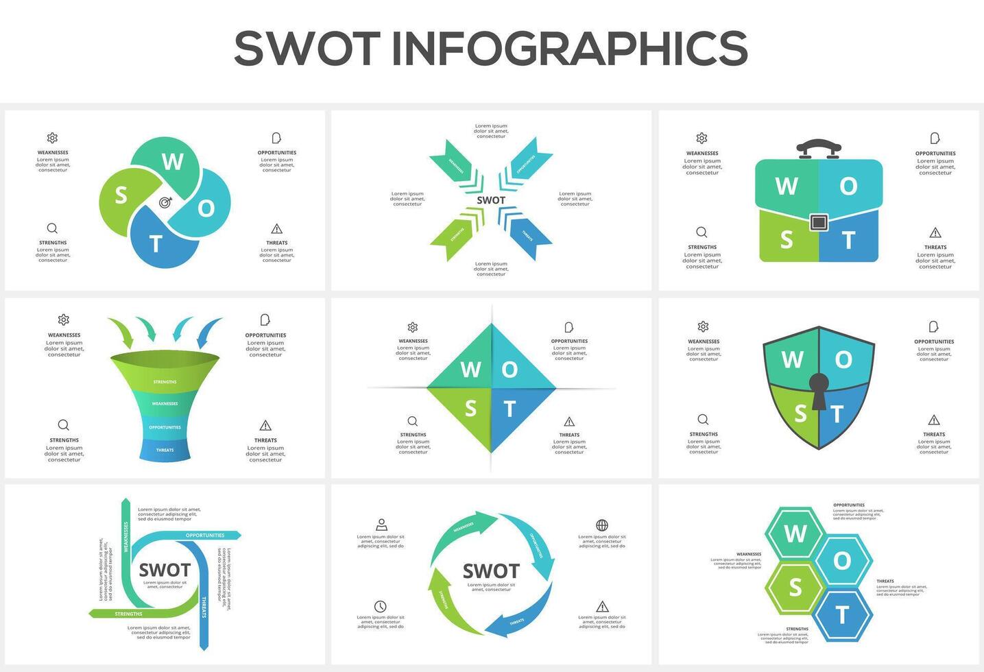 Set swot diagram with 4 steps, options, parts or processes. Threats, weaknesses, strengths, opportunities of the company vector