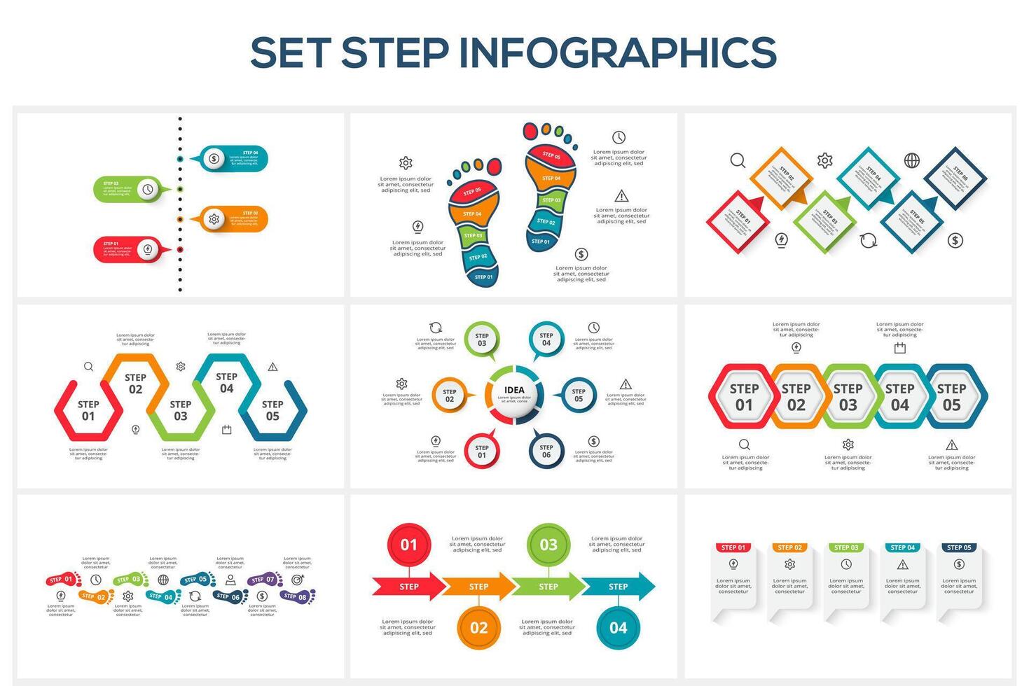 Set creative concept for infographic with 4, 5, 6, 8 steps, options, parts or processes. vector
