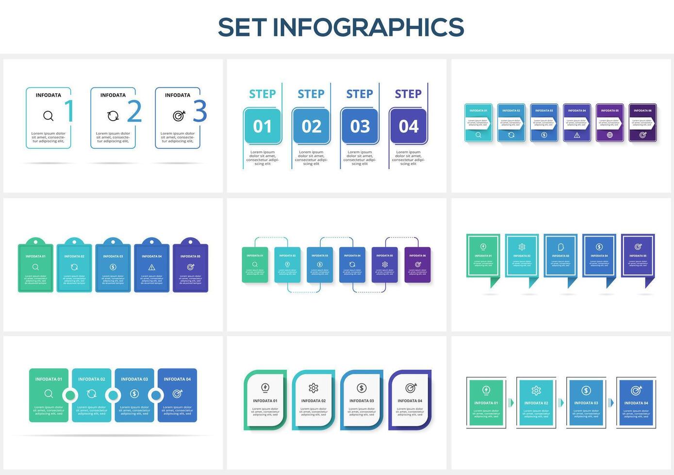 Set infographic with 3, 4, 5, 6 steps, options, parts or processes. Business data visualization. vector