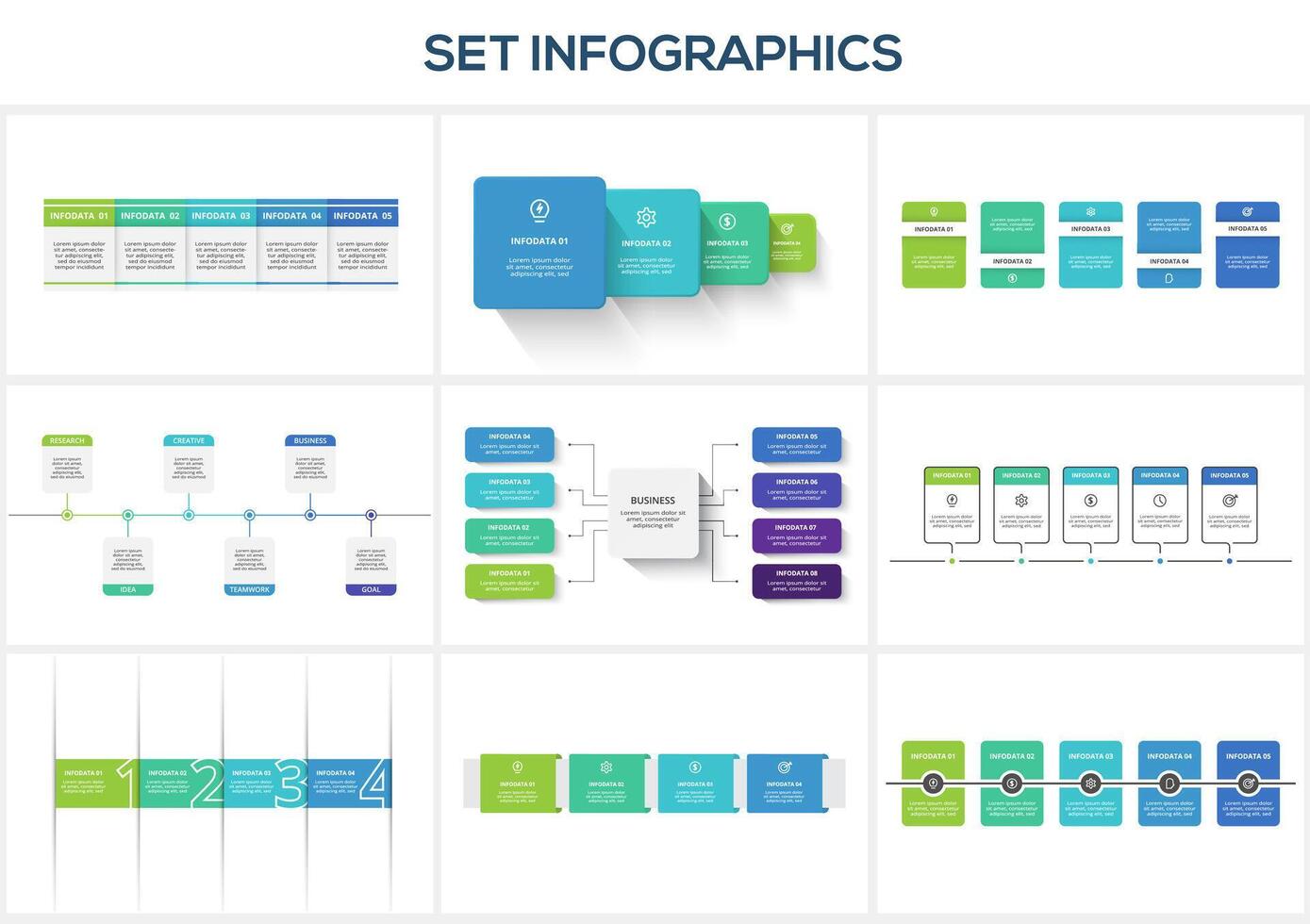 Set infographic with 4, 5, 6, 8 steps, options, parts or processes. Business data visualization. vector