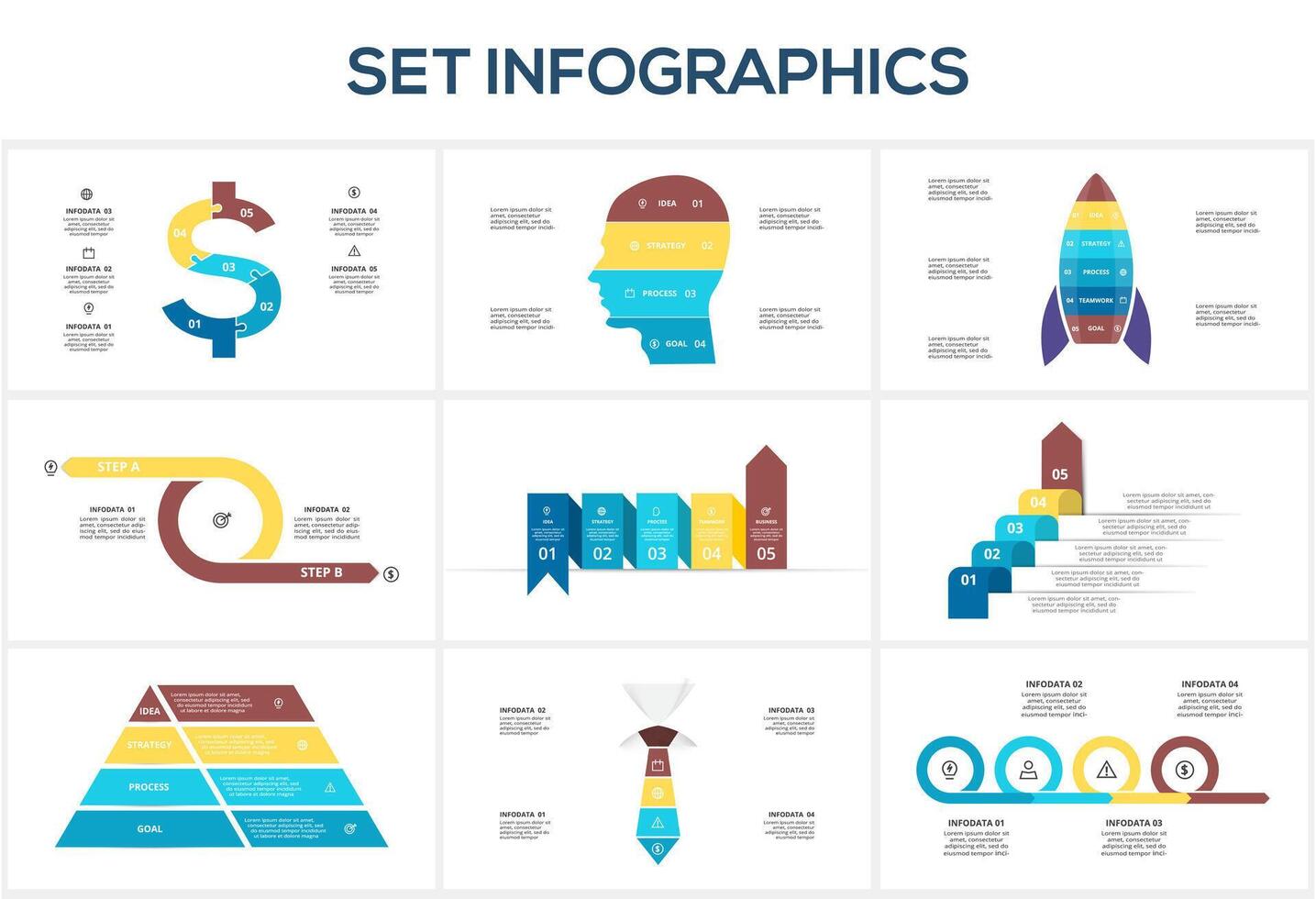 Set infographic with 2, 4, 5, 6 steps, options, parts or processes. Business data visualization. vector