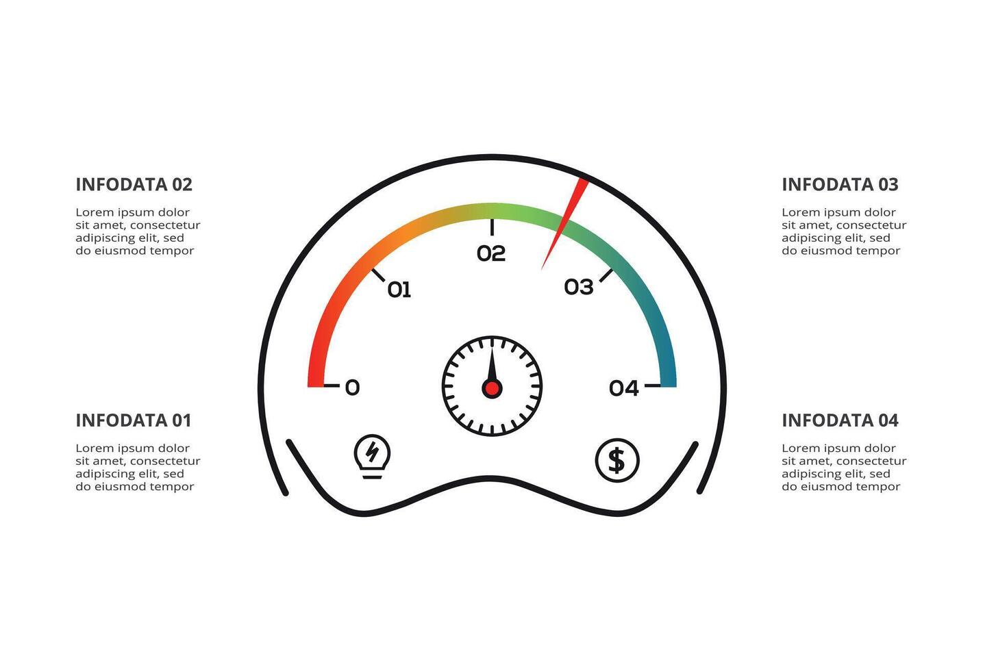 Speedometer infographic with 4 elements template for web, business, presentations, illustration. Business data visualization. vector