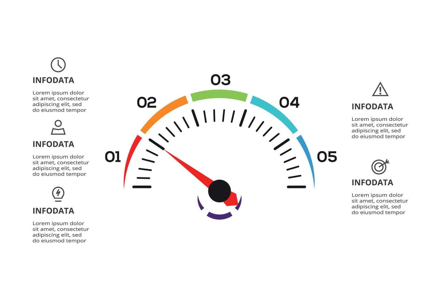 Speedometer infographic with 5 elements template for web, business, presentations, illustration. Business data visualization. vector