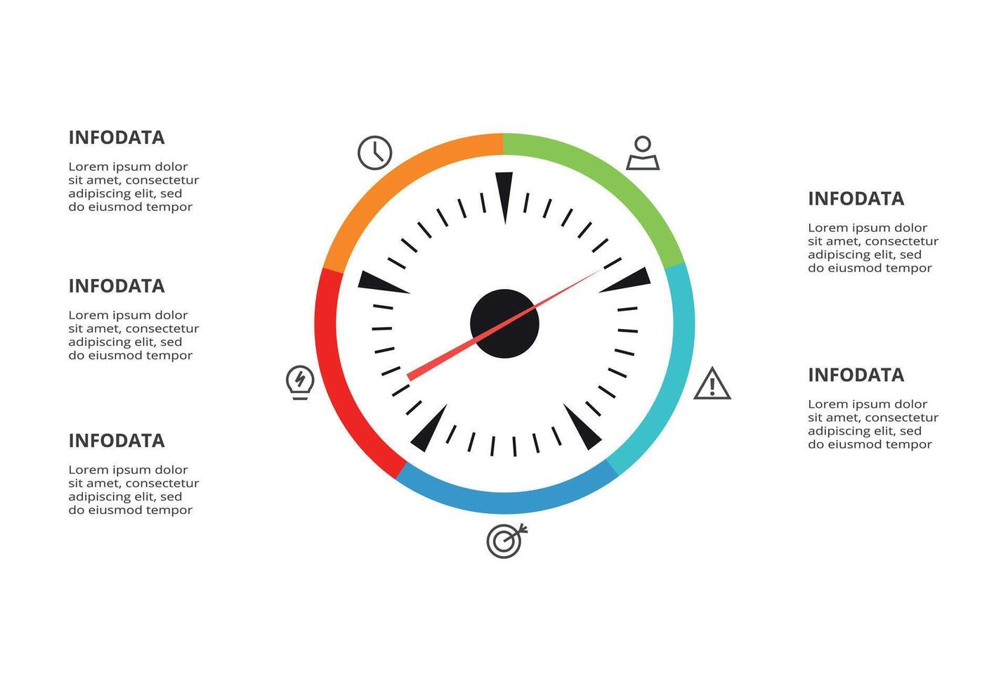 Speedometer infographic with 5 elements template for web, business, presentations, illustration. Business data visualization. vector