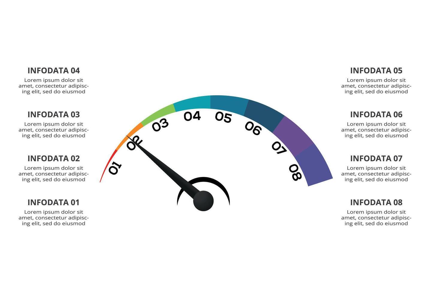 Speedometer infographic with 8 elements template for web, business, presentations, illustration. Business data visualization. vector