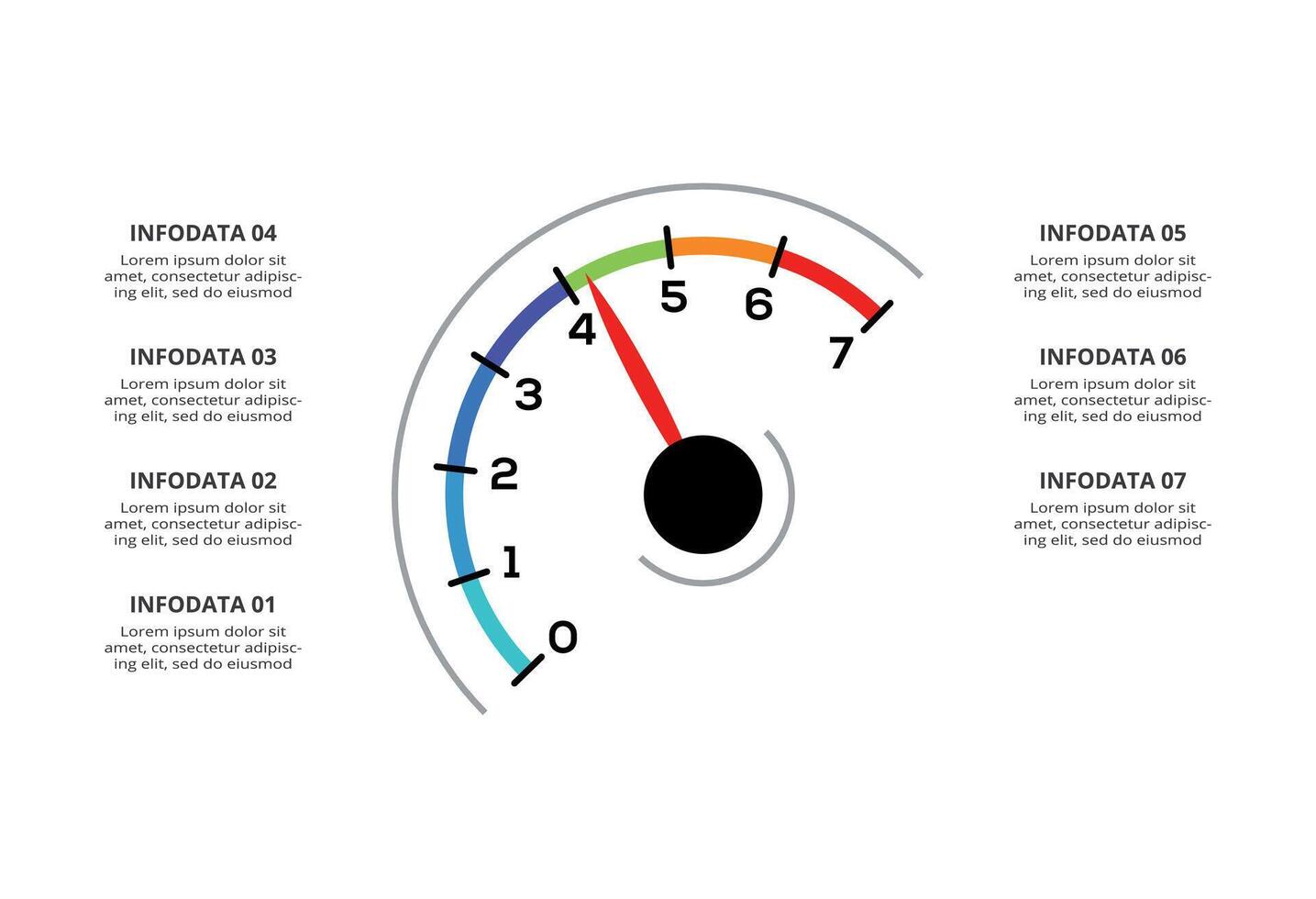 Speedometer infographic with 7 elements template for web, business, presentations, illustration. Business data visualization. vector