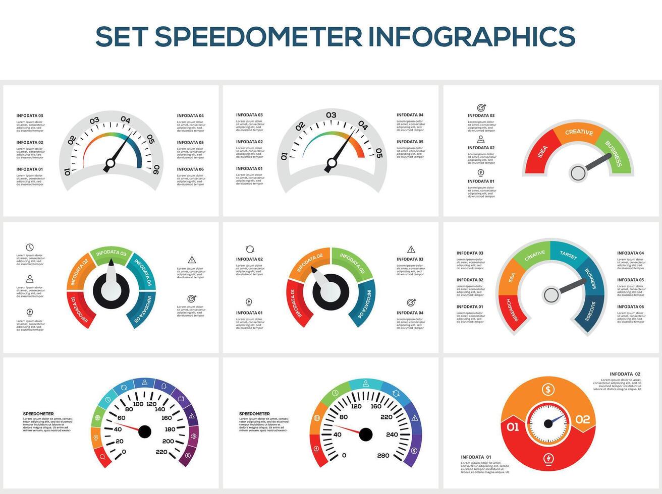 Set speedometer with 2, 3, 4, 5, 6 elements, infographic template for web, business, presentations, illustration. Business data visualization. vector