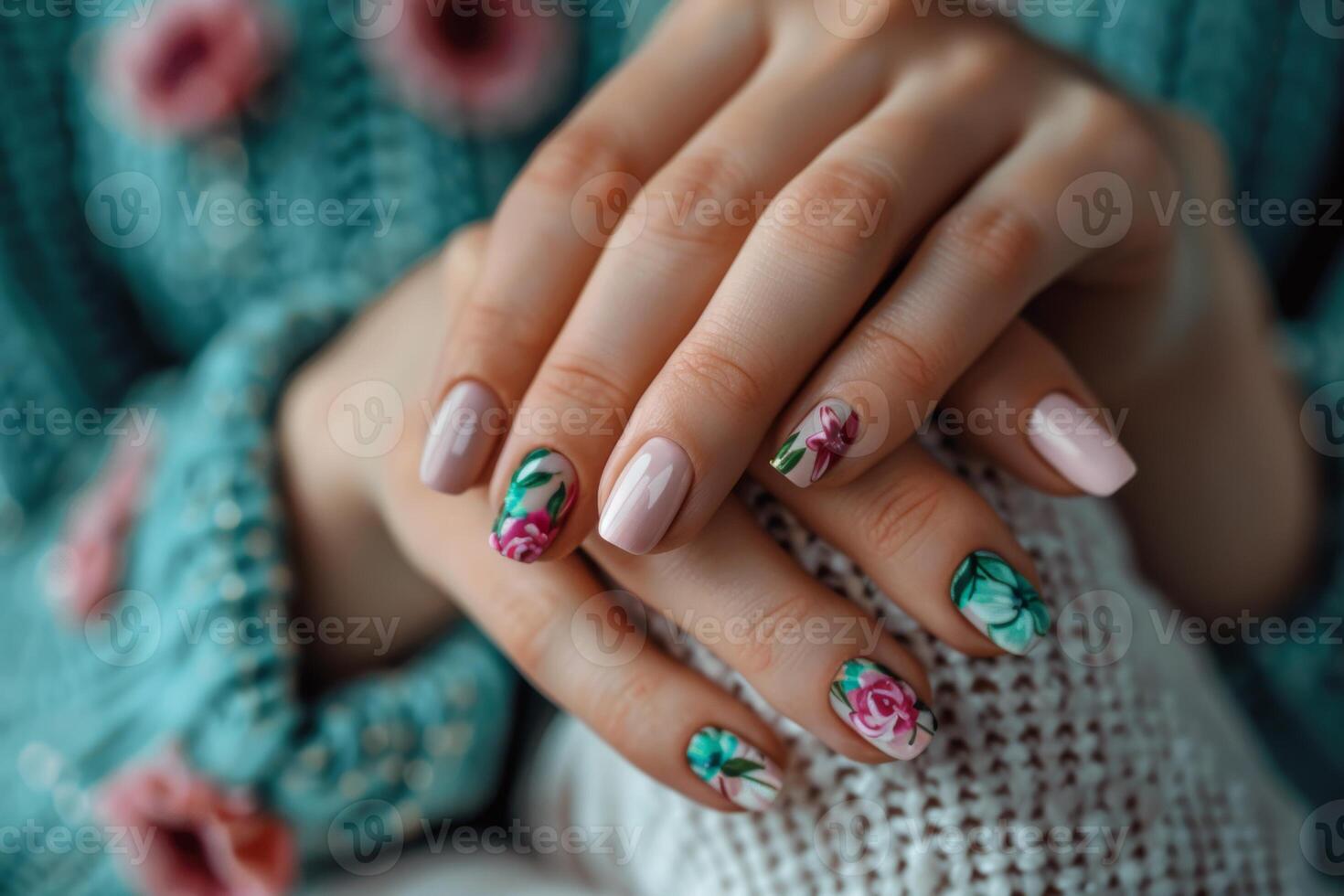 Girl's hands with a beautiful art manicure design nails extension procedure in a beauty salon photo
