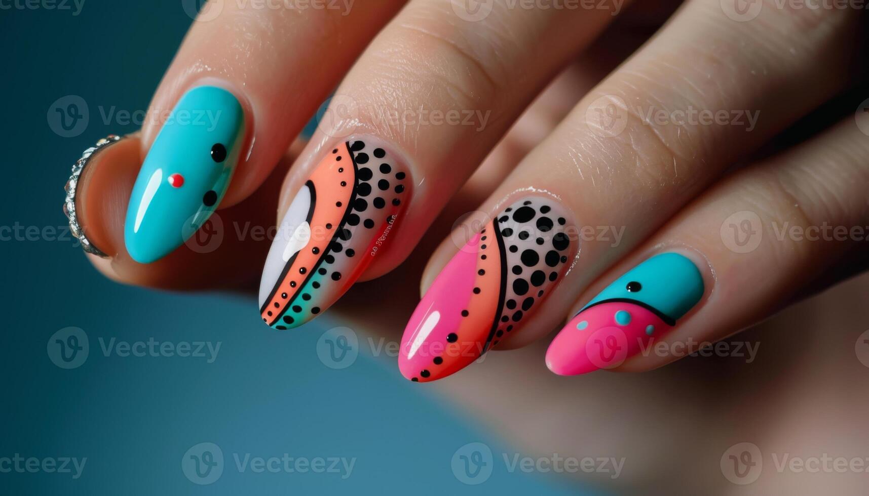 Girl's hands with a beautiful art manicure design nails extension procedure in a beauty salon photo