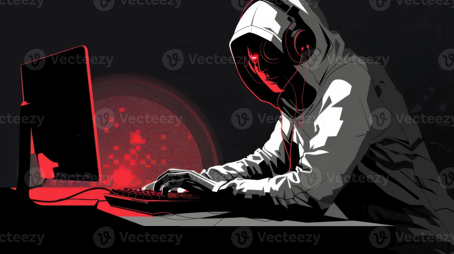 Hacker in hood hacking at computer in dark room. Computer criminal uses malware to hack devices photo