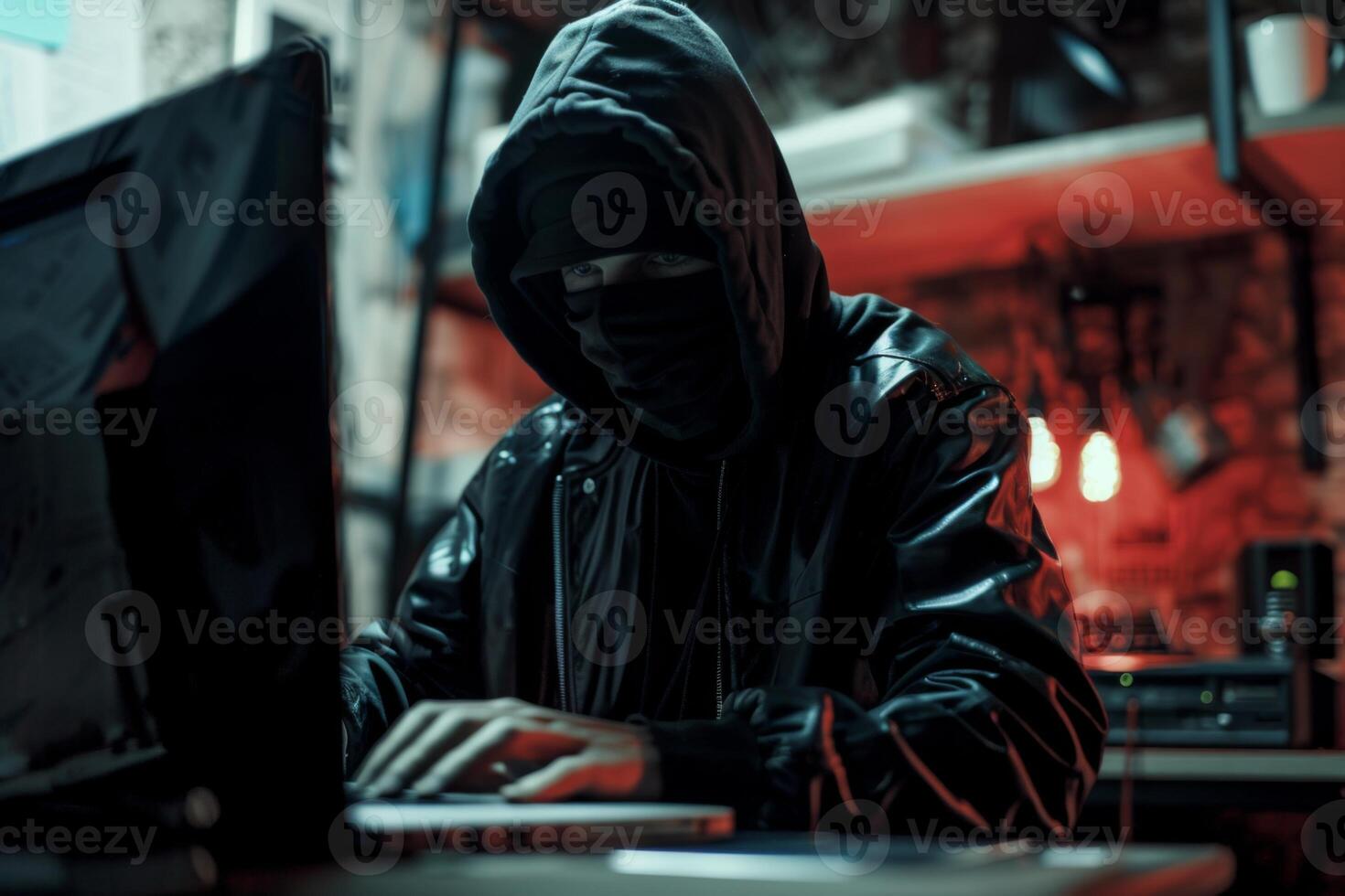 Hacker in hood hacking at computer in dark room. Computer criminal uses malware to hack devices photo