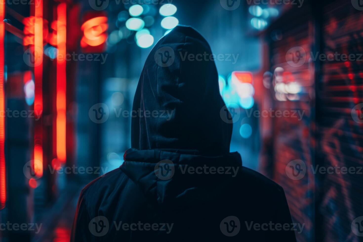 Man in a hood, a shadow hides his face on dark background. Anonymous crime concept photo