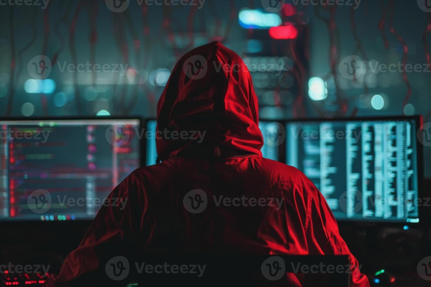 Hacker coding virus ransomware using computers. Cyber attack, system breaking and malware concept photo