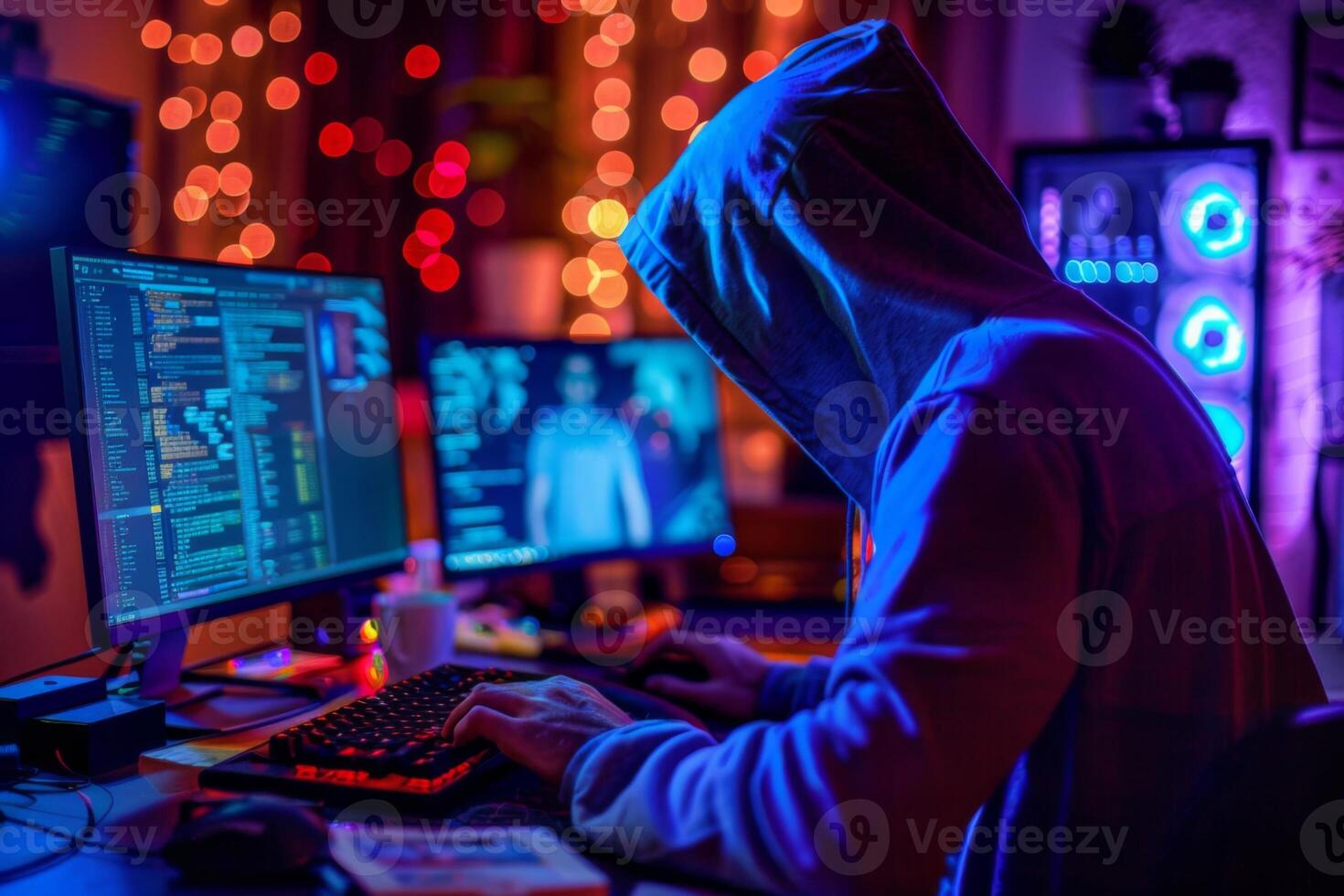 Hacker in hood hacking at computer in dark room. Computer criminal uses malware to hack devices photo