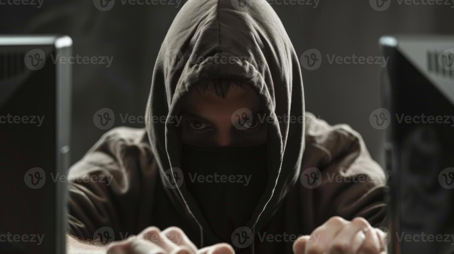 Hacker coding virus ransomware using computers. Cyber attack, system breaking and malware concept photo