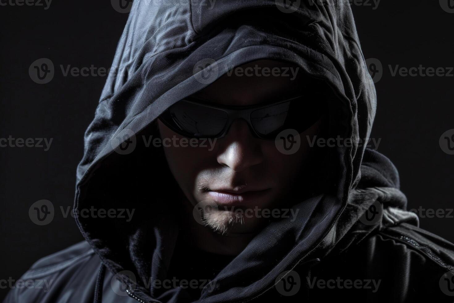 Man in a hood, a shadow hides his face on dark background. Anonymous crime concept photo