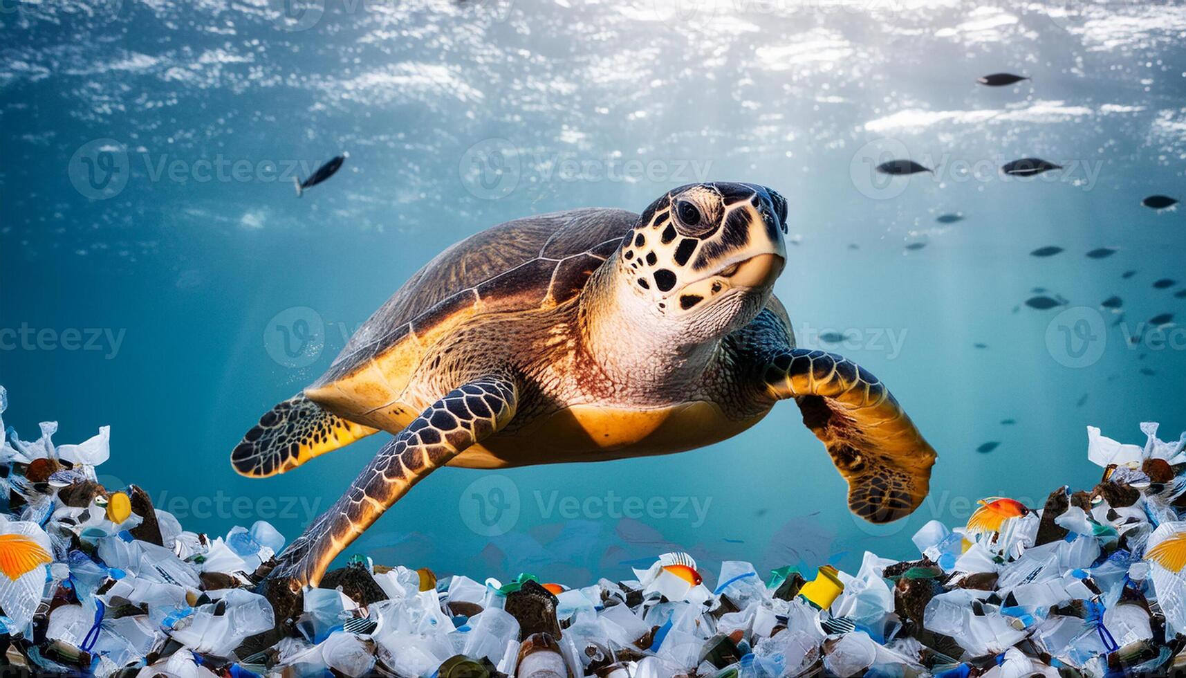 Image of a sea turtle swimming in an ocean filled with plastic waste. Poster campaign of world of Ocean day photo