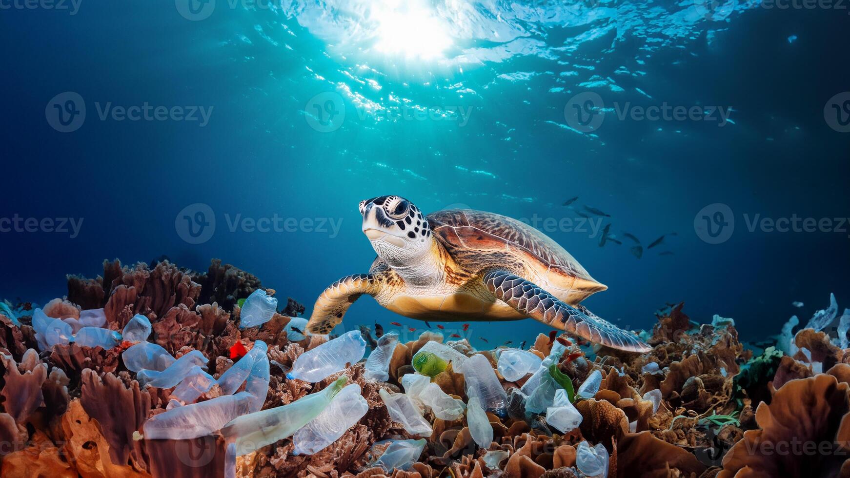 a turtle swimming in the ocean with many plastic sea shells. photo