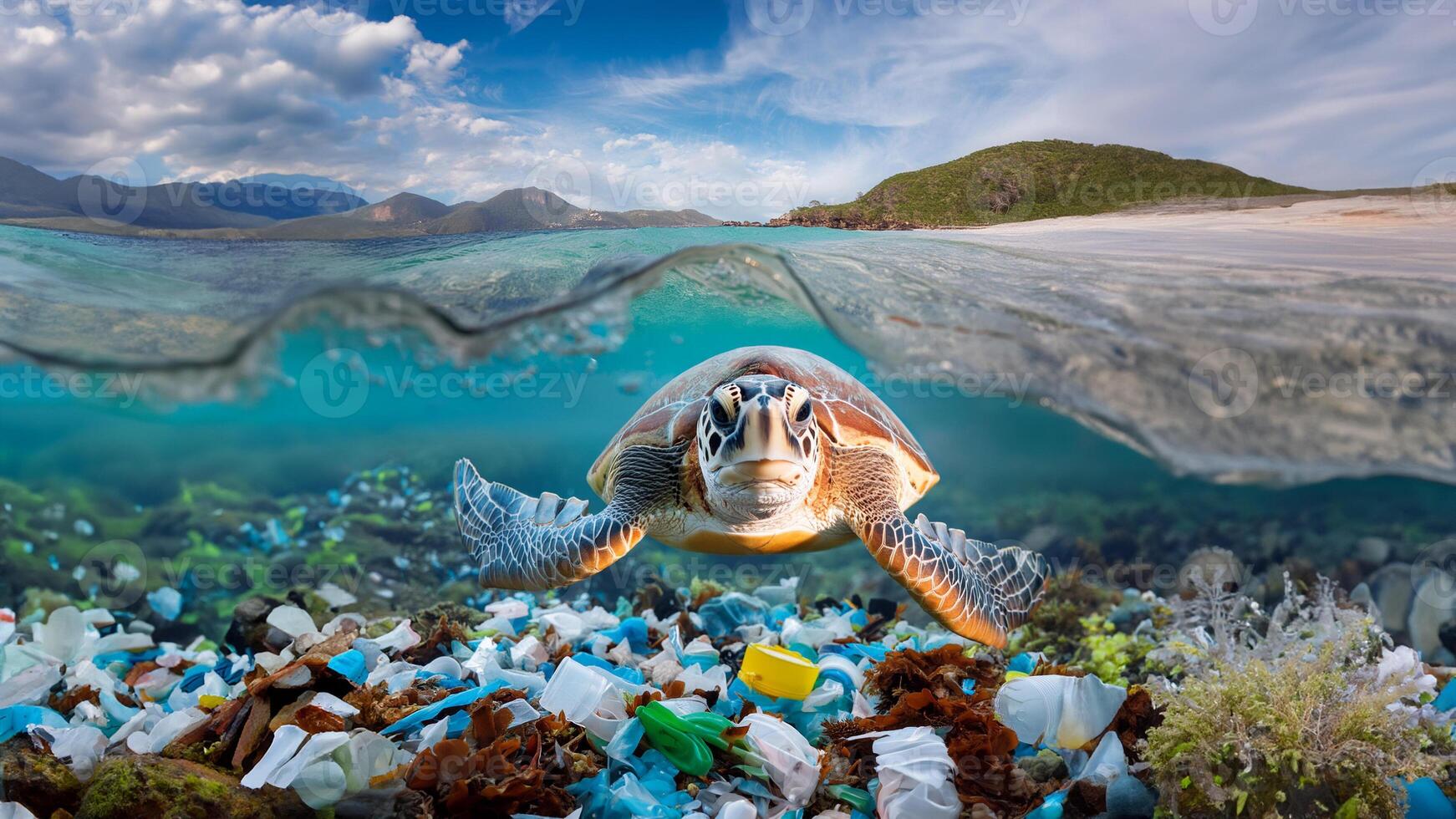 Image of a sea turtle swimming in an ocean filled with plastic waste. Poster campaign of world of Ocean day photo