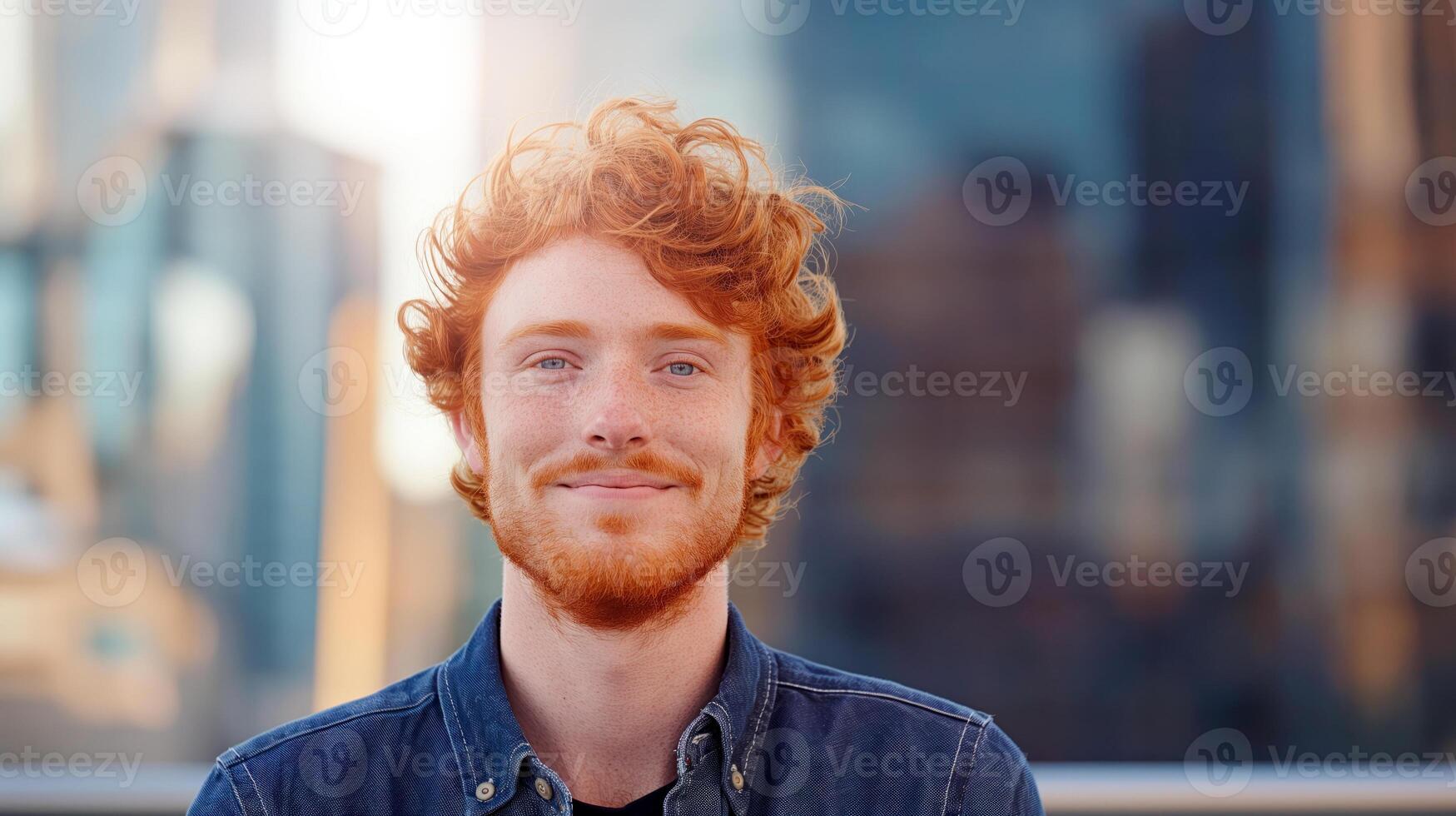 Handsome smiling ginger man portrait on the street. photo