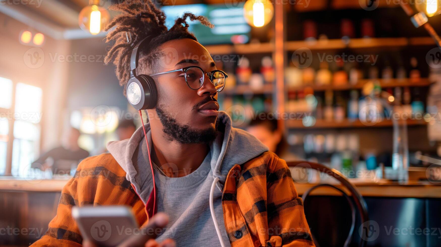 Happy black man listening to music while using smartphone at cafeteria. photo