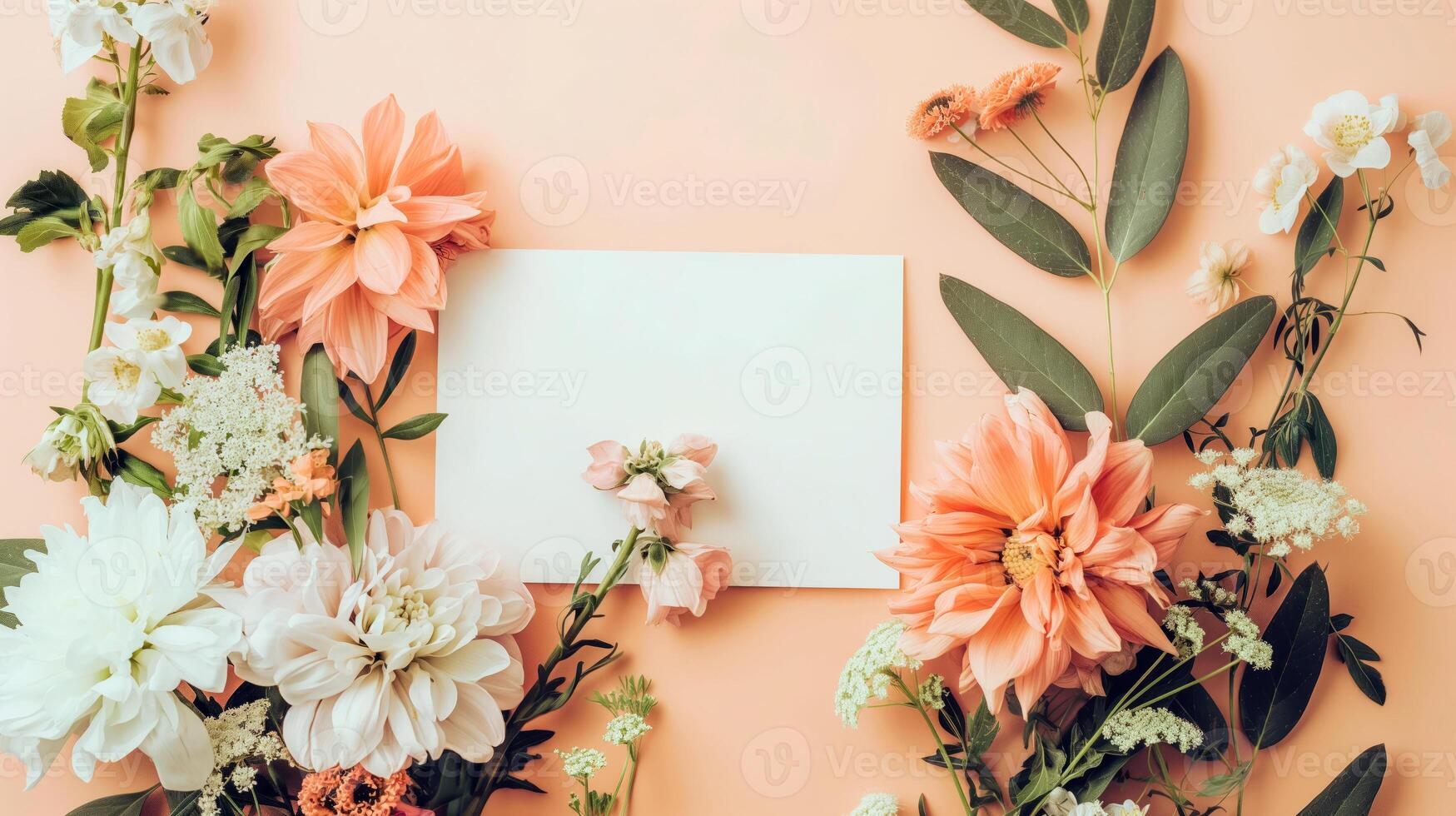 Flat lay of beautiful flowers over orange background and blank card for invitation. Mother's day, Valentine's day or wedding concept. Mock up template with space for text or product. photo