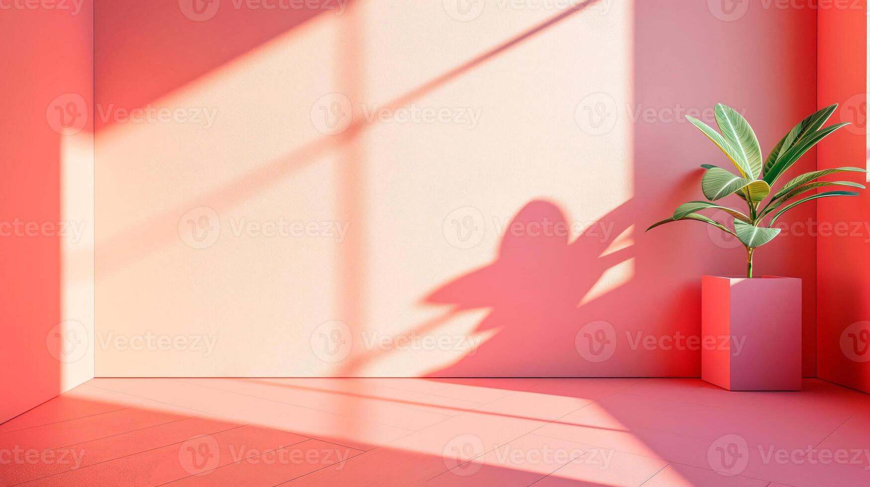 Pink room with moody shadows and empty space for text or product presentation. photo
