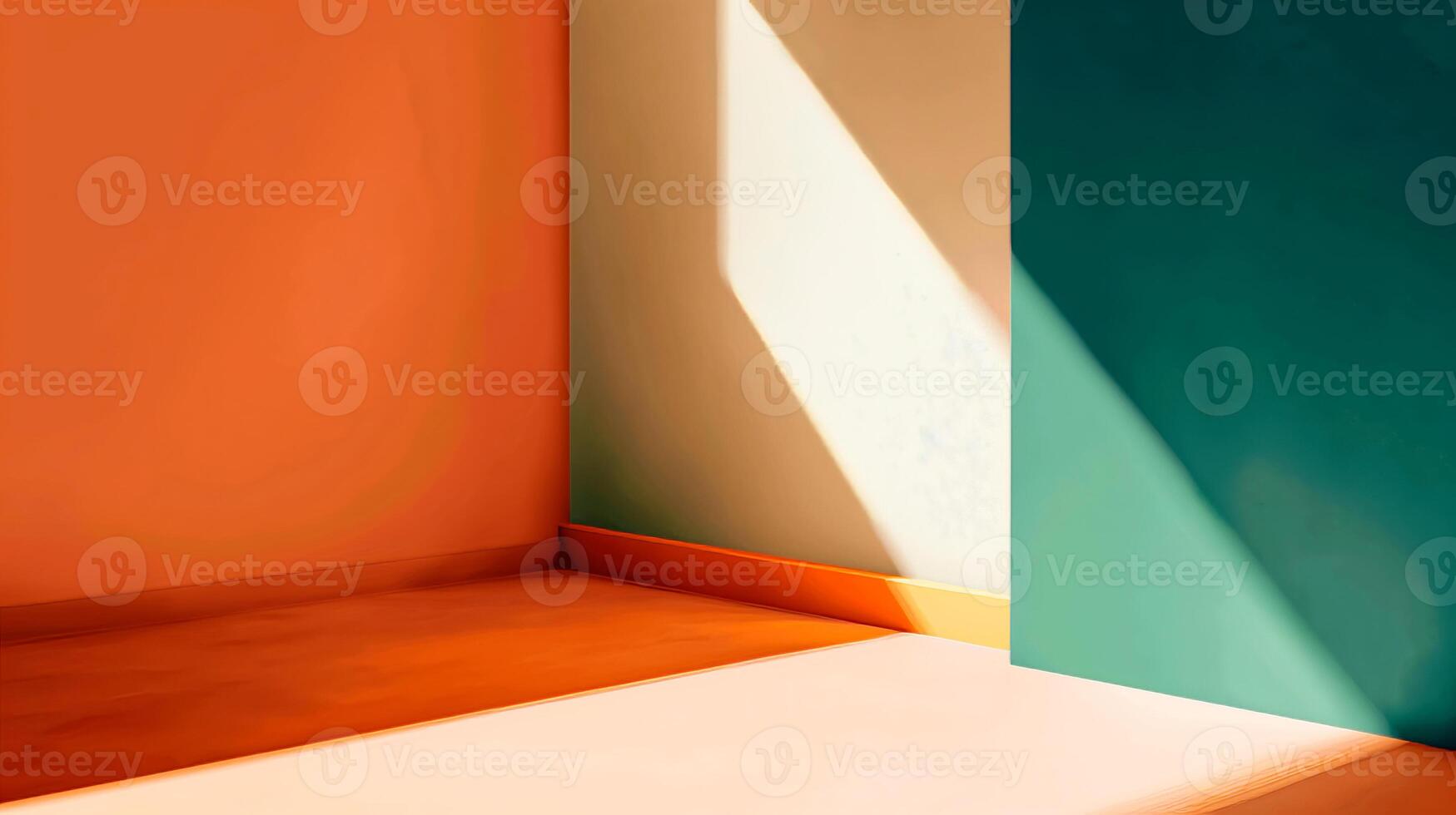 Orange and green room with moody shadows and empty space for text or product presentation. photo