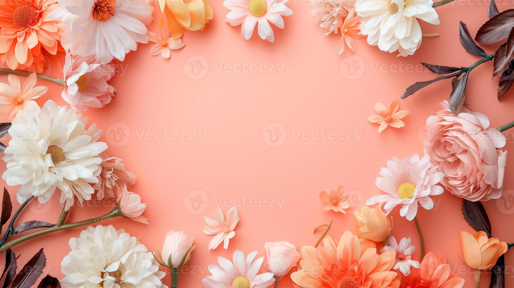 Flat lay of beautiful flowers over orange background and blank card for invitation. Mother's day, Valentine's day or wedding concept. Mock up template with space for text or product. photo