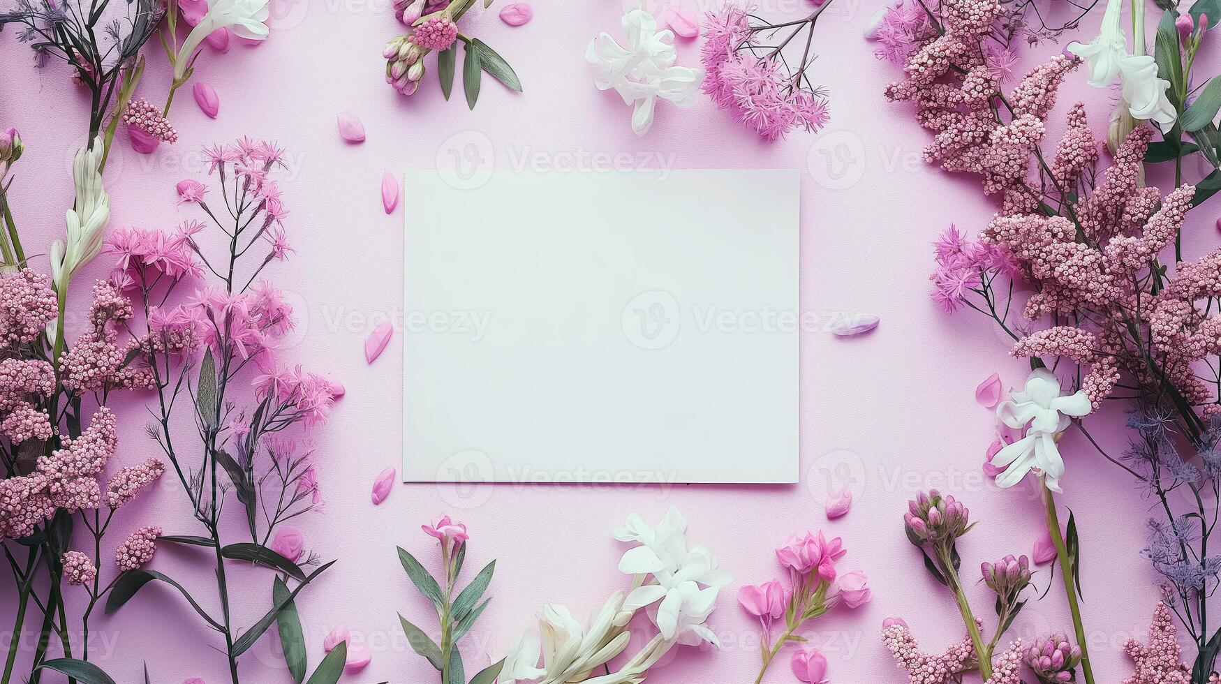 Flat lay of beautiful flowers over pink background and blank card for invitation. Mother's day, Valentine's day or wedding concept. Mock up template with space for text or product. photo