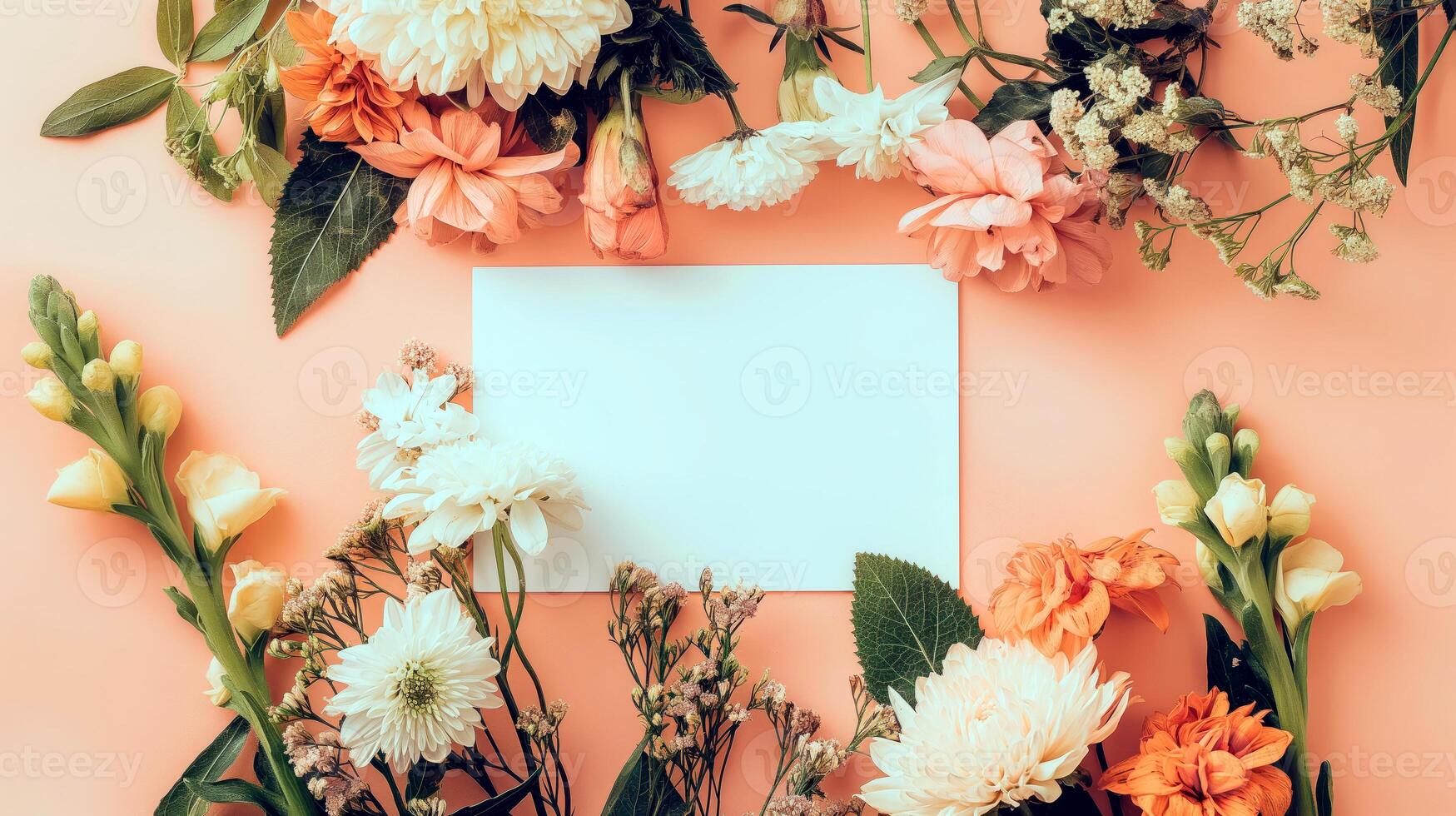 Flat lay of beautiful flowers over orange background and blank card for invitation. Mother's day, Valentine's day or wedding concept. Mock up template with space for text or product. photo