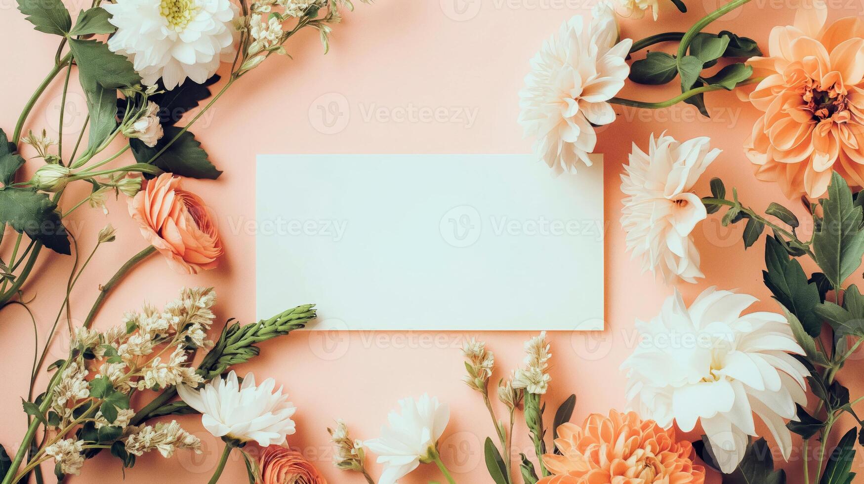 Flat lay of beautiful flowers over orange background and blank card for invitation. Mother's day, Valentine's day or wedding concept. Mock up template with space for text or product. photo