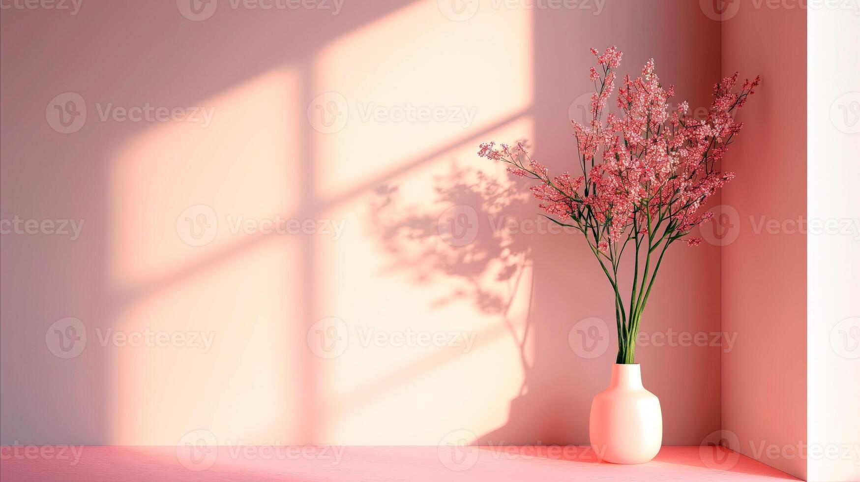 Pink room with moody shadows and empty space for text or product presentation. photo