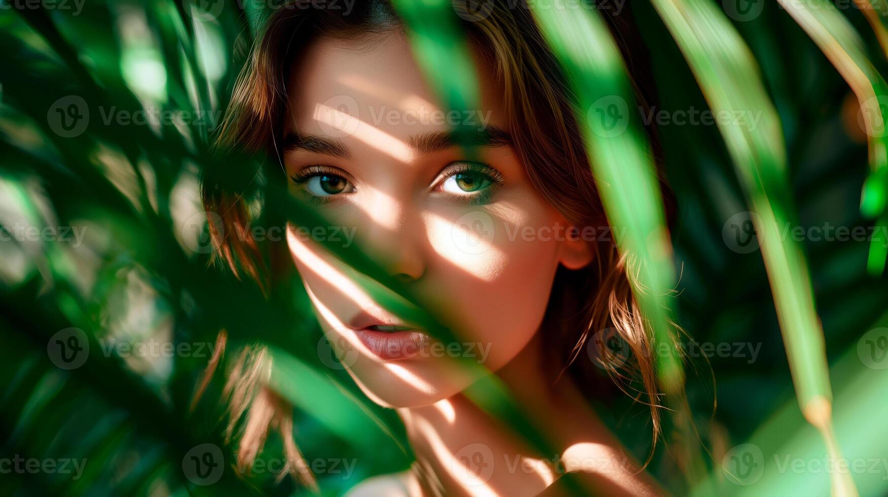 Beauty portrait of beautiful woman looking to camera between tropical leaves. Natural cosmetic skincare concept. photo