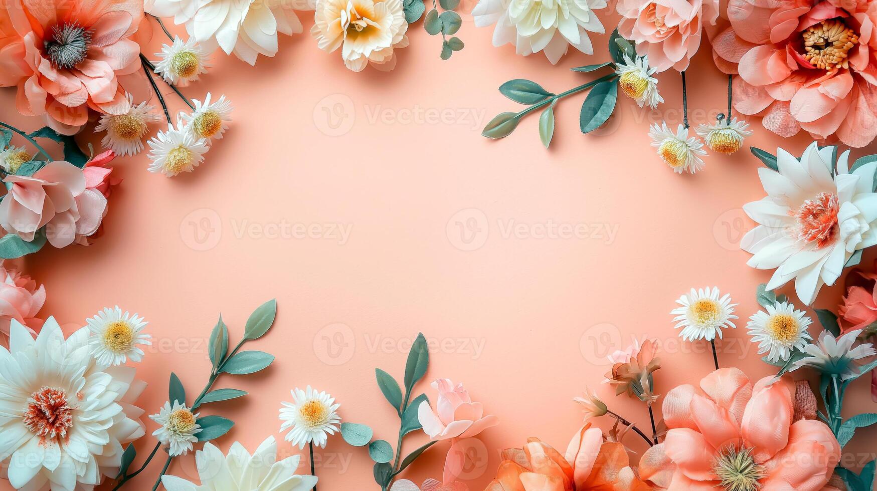 Flat lay of beautiful flowers over orange background and blank card for invitation. Mother's day, Valentine's day or wedding concept. Mock up template with space for text or product. photo