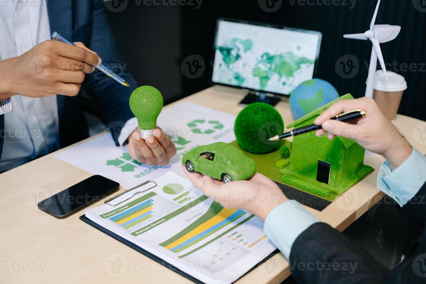 Business team people planning hand using laptop for working technology and business Net zero and carbon neutral concept.NET ZERO icons photo