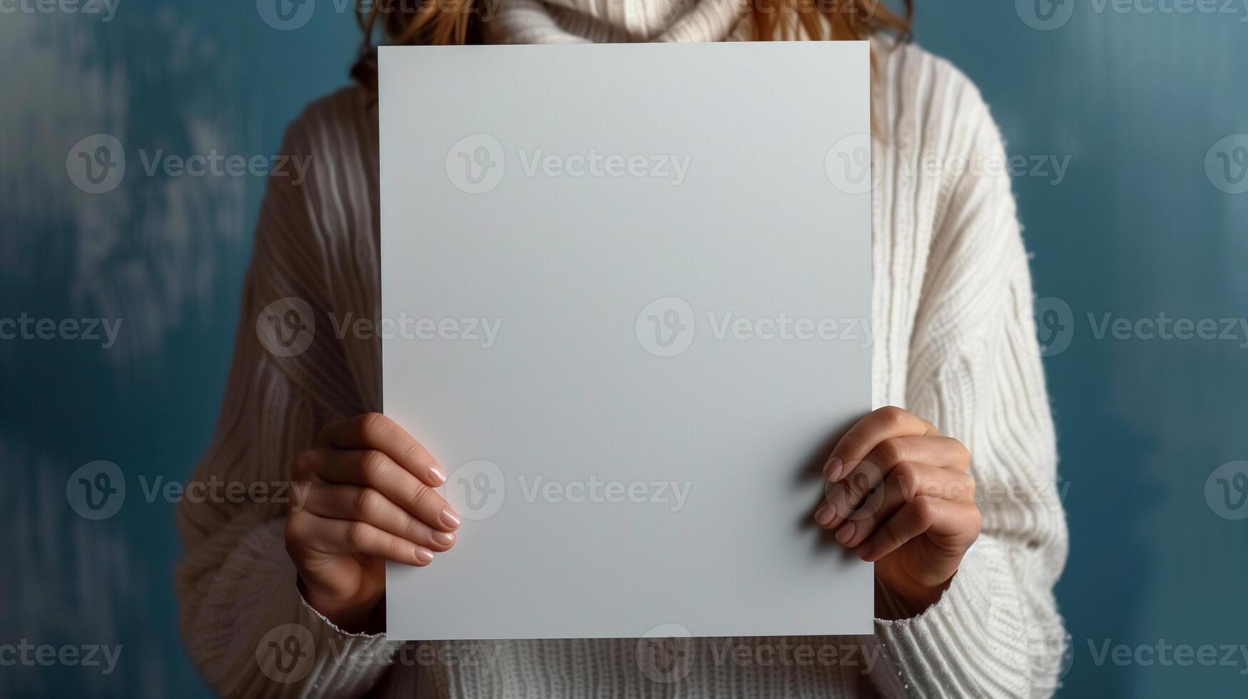 Woman in cozy white sweater holding blank piece of paper mockup. Winter theme. Empty a4 pamphlet template advertising image. Minimalist design. Blank sheet mock up product photorealistic photo