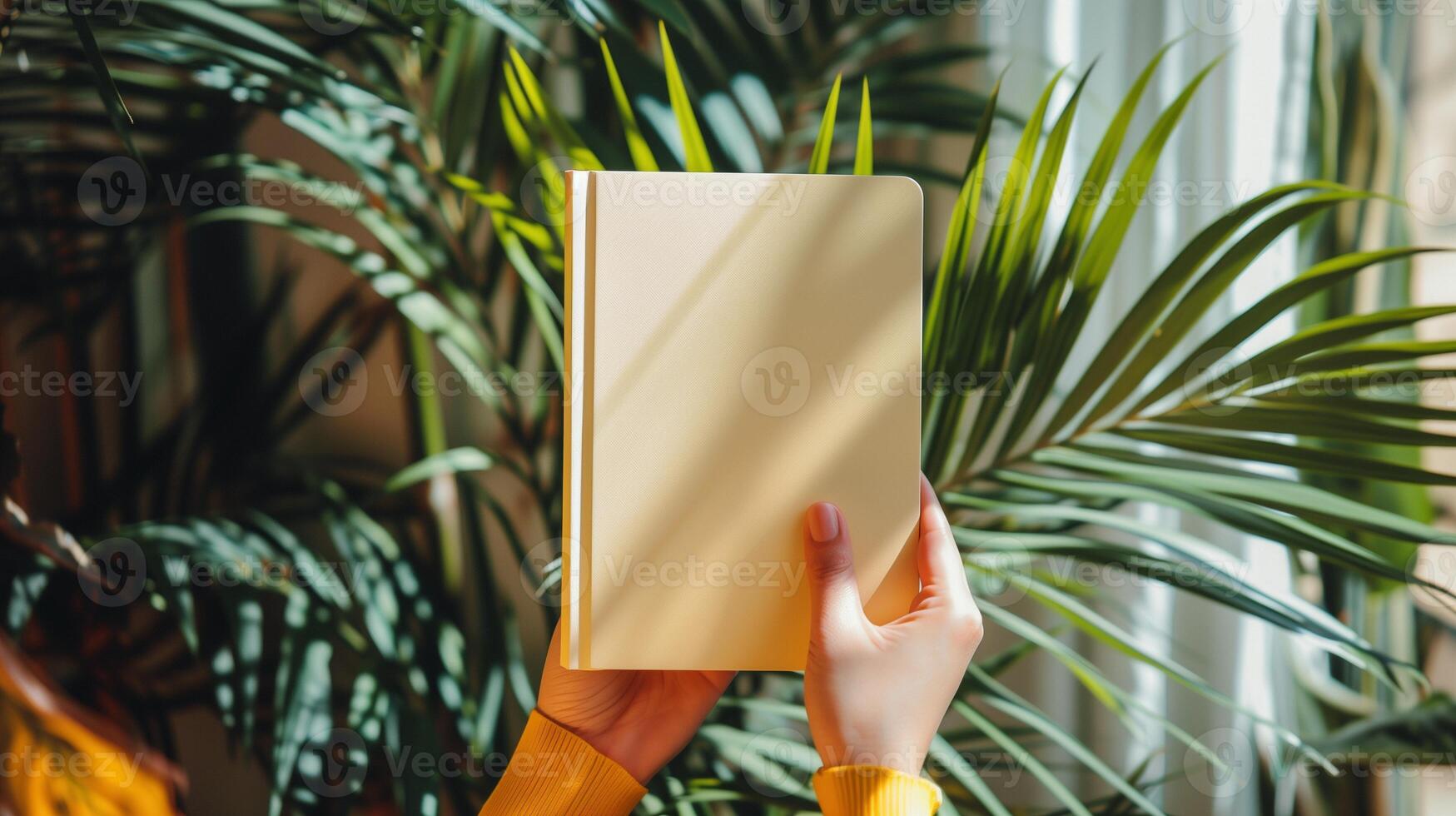 Female hands hold yellow notebook mockup against lush green tropical plants. Natural light filtering through leaves. Book cover template advertising image. Journal mock up product photo