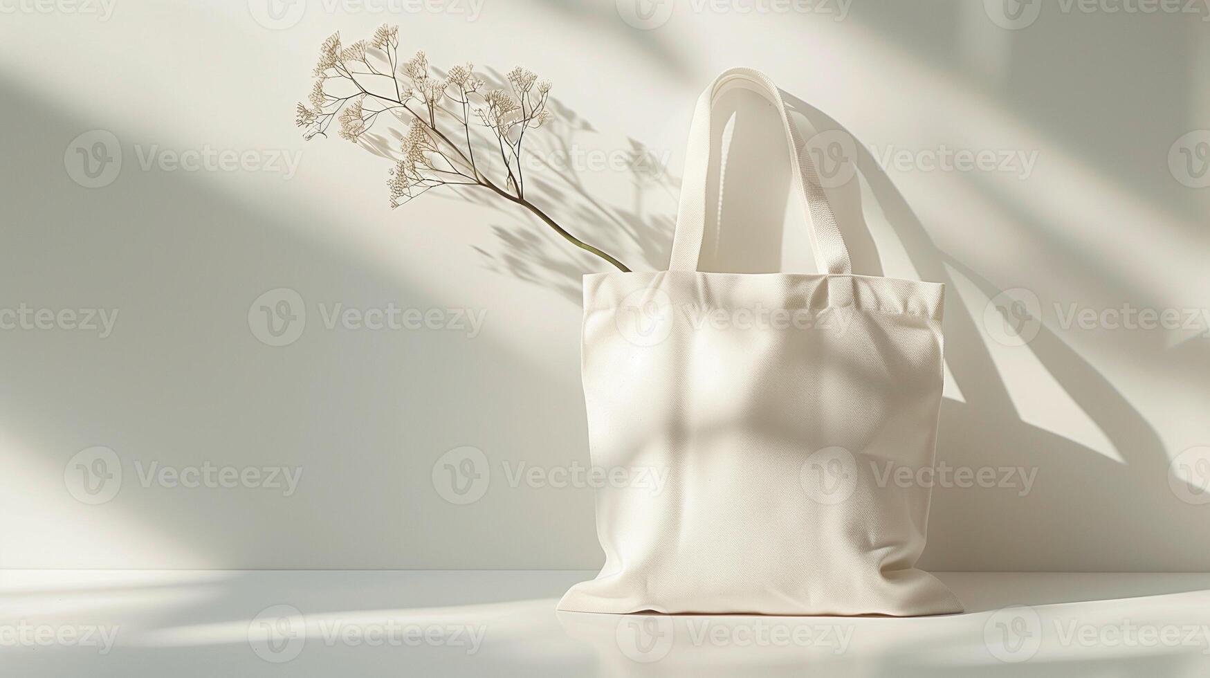White tote bag mockup placed against white wall with dried plant branch. Peaceful, minimalist vibe. Recycled blank bag template advertising image. Totebag mock up product photorealistic photo