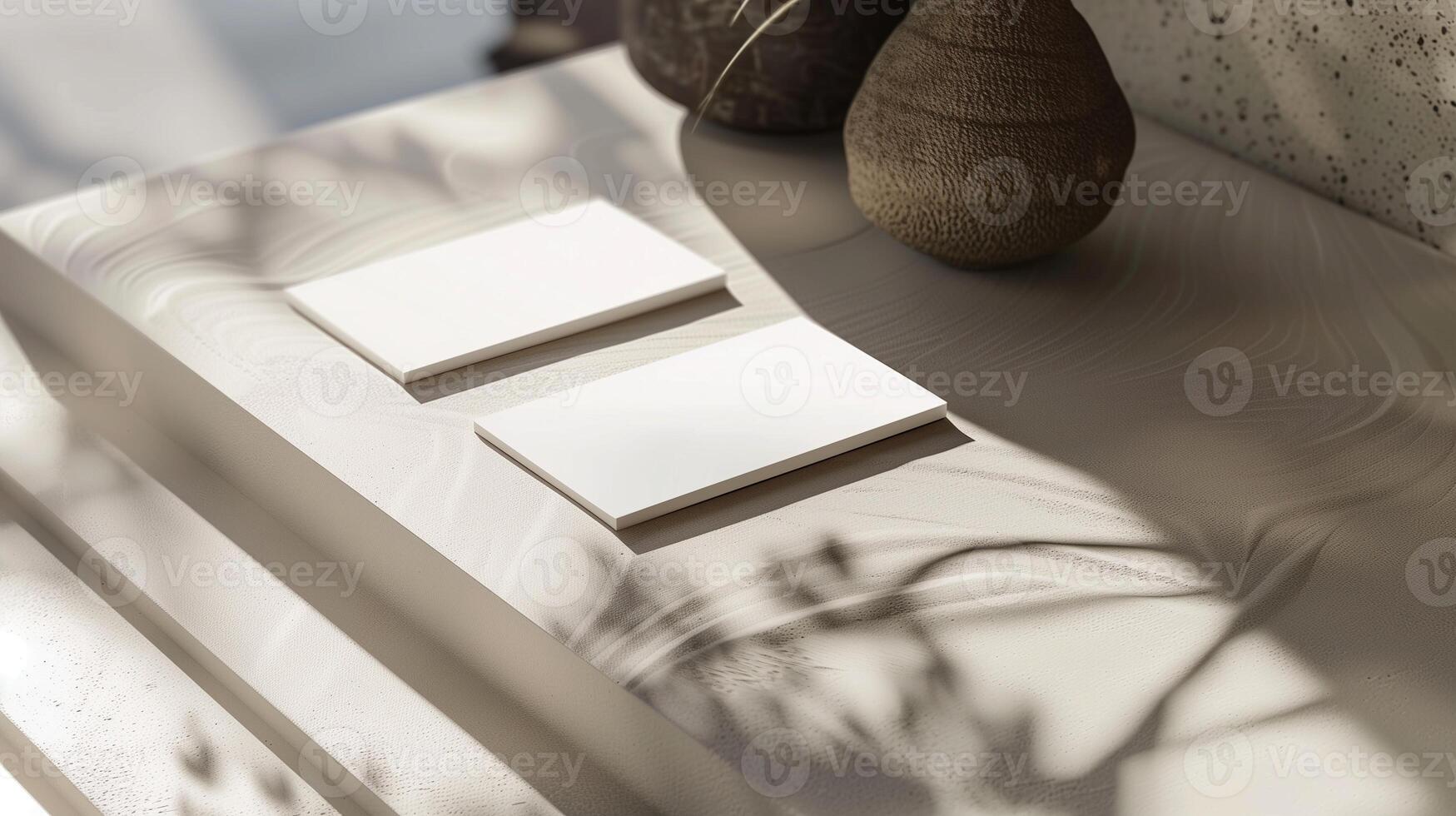 Two blank cards mockup on smooth surface with natural light casting shadows. Serene composition. Businesscards template advertising image. Stationery mock up product photorealistic photo