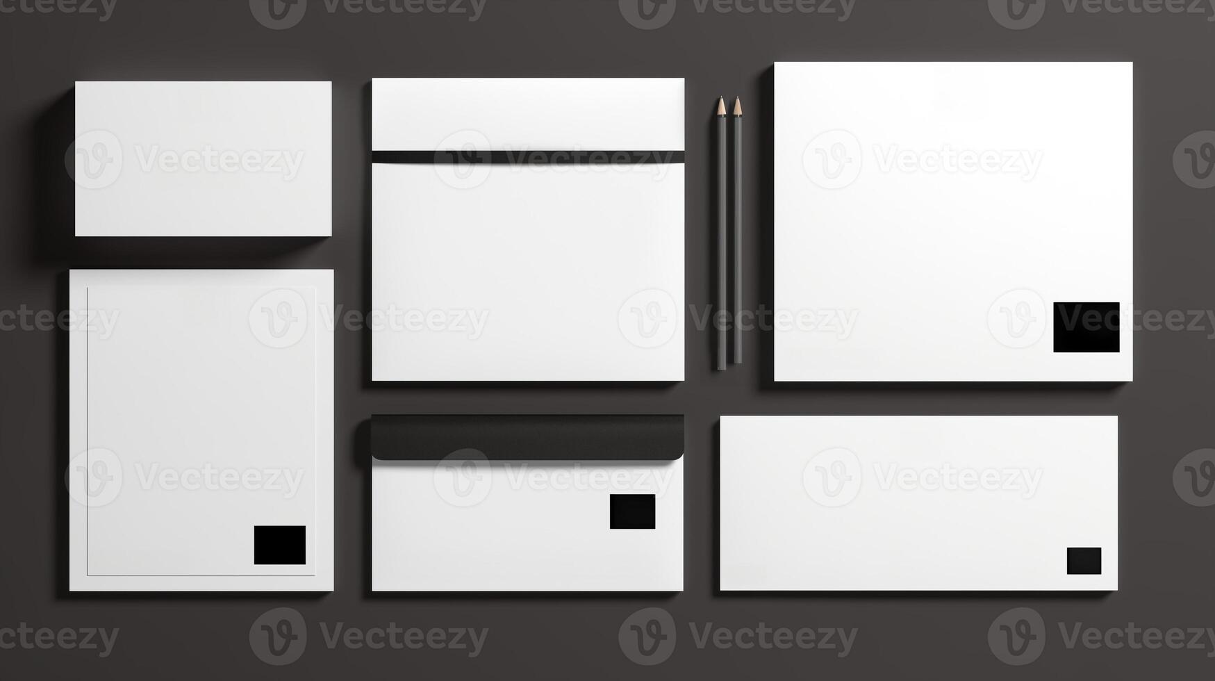 Flat lay of white office stationery mockup arranged on dark gray background. Notepads, pencils, envelopes template advertising image. Minimalist organized mock up products photorealistic photo