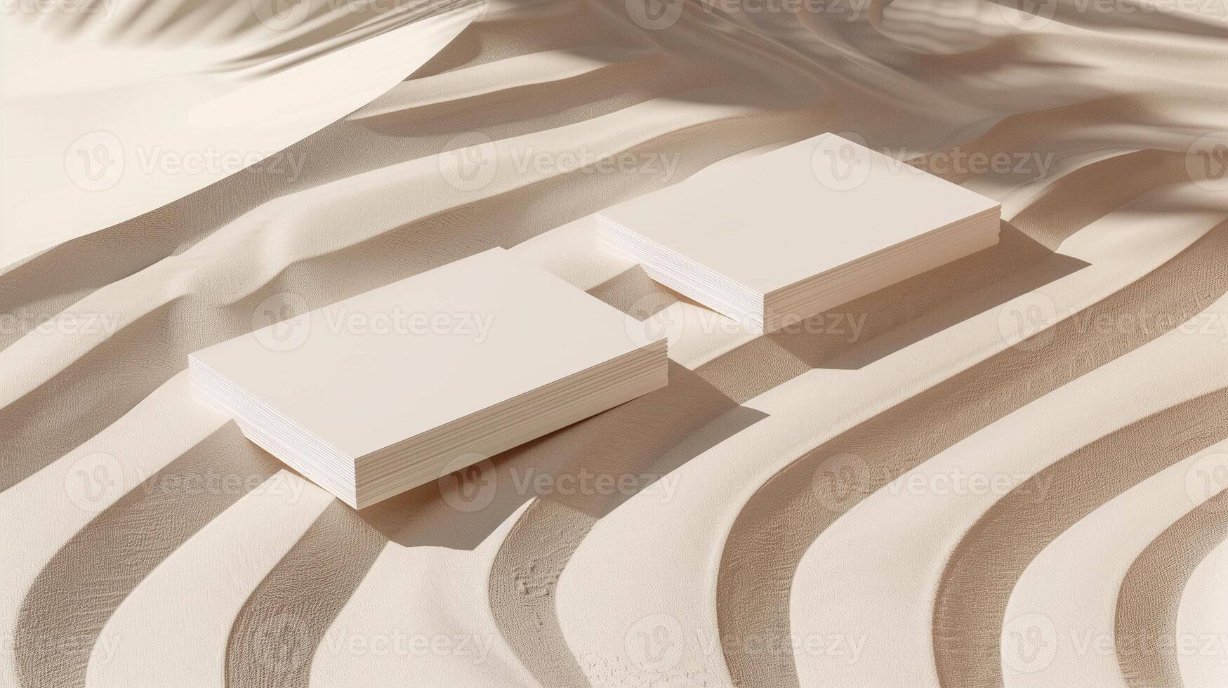 Two stacks of blank cards mockup on rippled sand surface. Serene and minimalist simplicity. Businesscards template advertising image. Stationery mock up product photorealistic photo