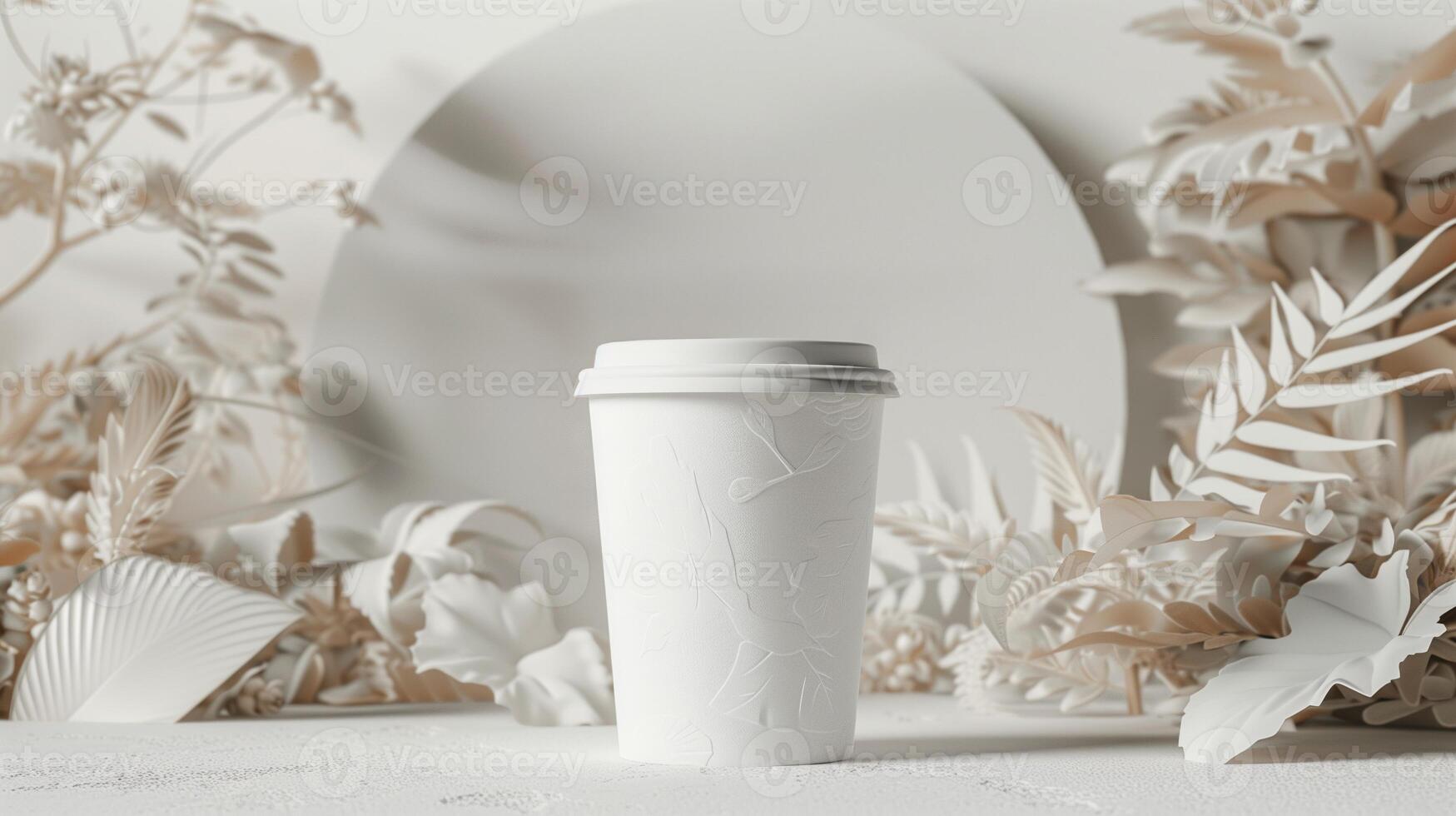 White textured takeaway coffee cup mockup designed by white foliage. Elegant and monochromatic composition. Coffeecup template advertising image. Takeout disposable mock up product photo